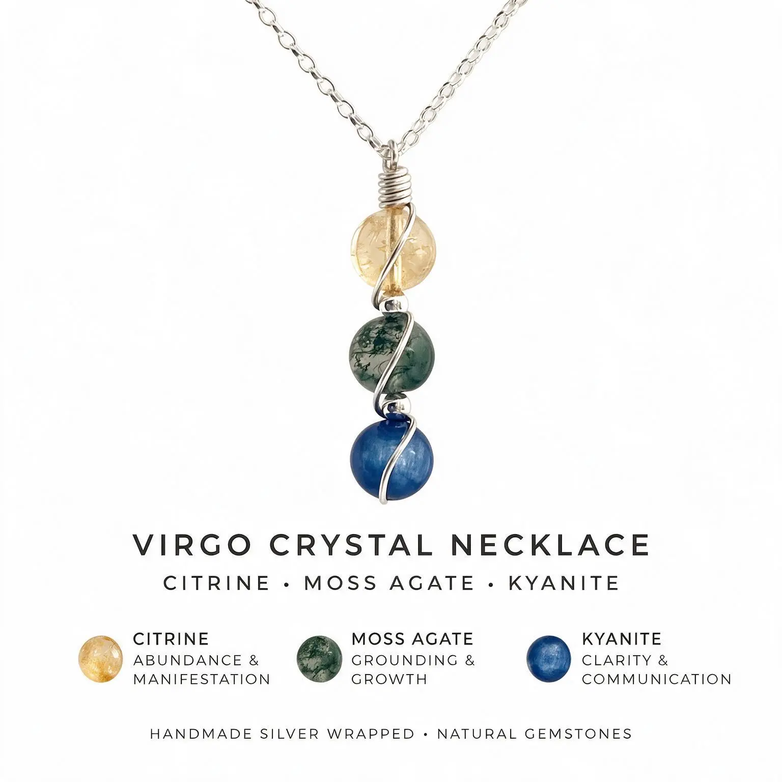 Zodiac Healing Crystal Necklace for Women, Handmade Silver Wire Wrapped Natural Gemstone Pendant, Dainty Minimalist Spiritual Horoscope Jewelry Birthday Gift
