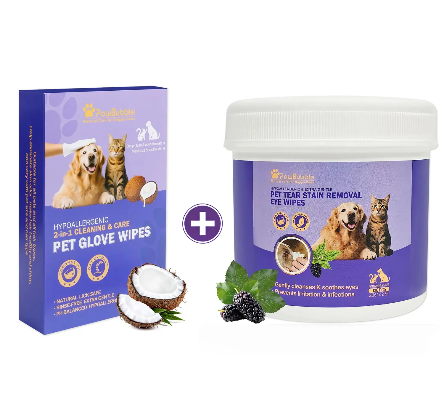 PawBubble 2-In-1 Pet Cleaning Glove Wipes & Eye Wipes For Dogs & Cats, Hypoallergenic No-Rinse Bathing Gloves & Tear Stain Remover Wipes, Extra Thick Grooming Set For Daily Care & Travel, 6+120 Counts