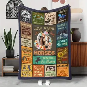 Horse Pattern Slogan Print Blanket, 1 Count Horse Themed Soft Warm Nap Throw Blanket, Cool Bedroom Bedding Blankets for Home Office Travel Dormitory Camping