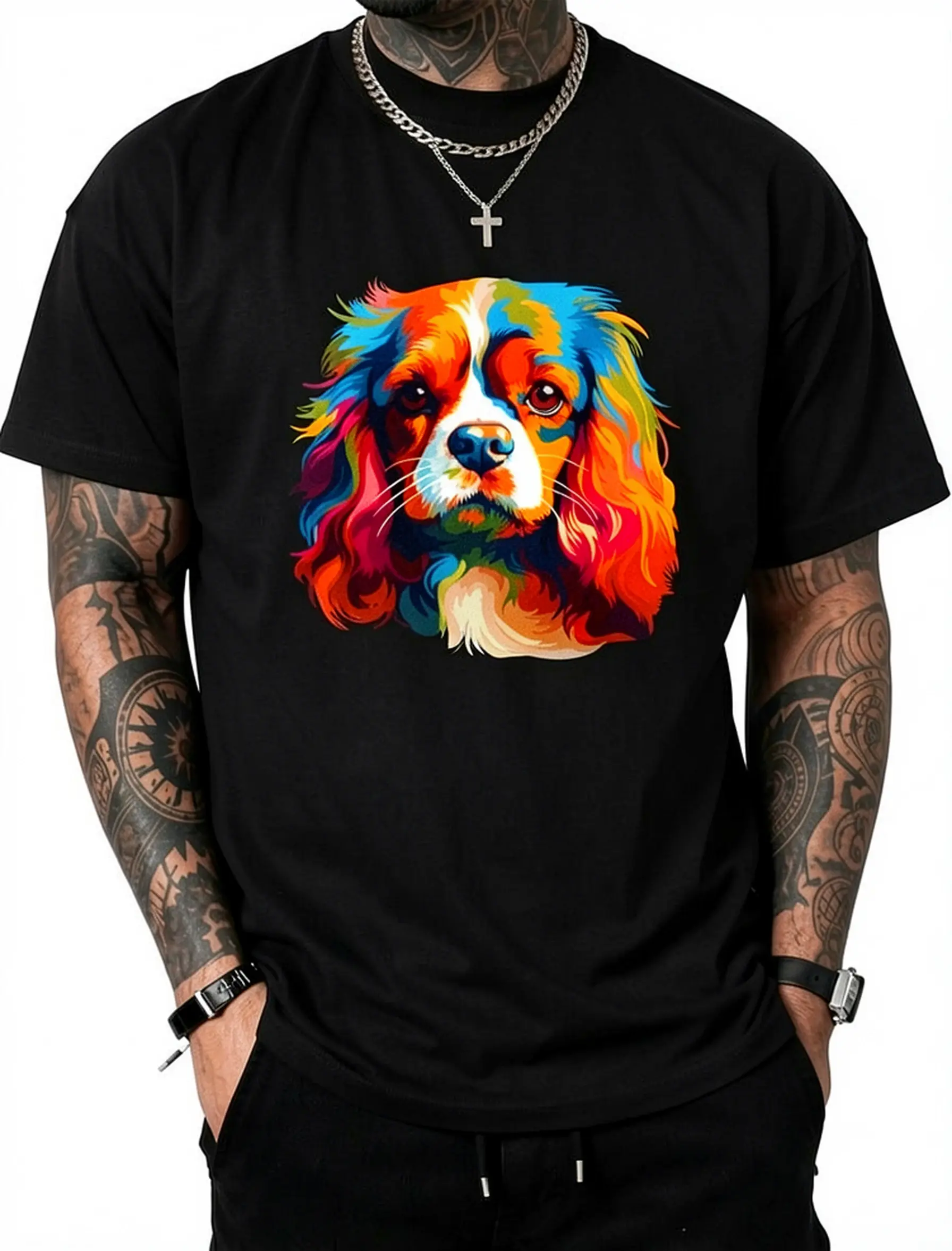 Watercolor Colorful Cavalier King Charles Spaniel Dog T-Shirt Pure Cotton Graphic Tees Menswear Top: Gifts for Men & Women, Natural, Shortsleeve
