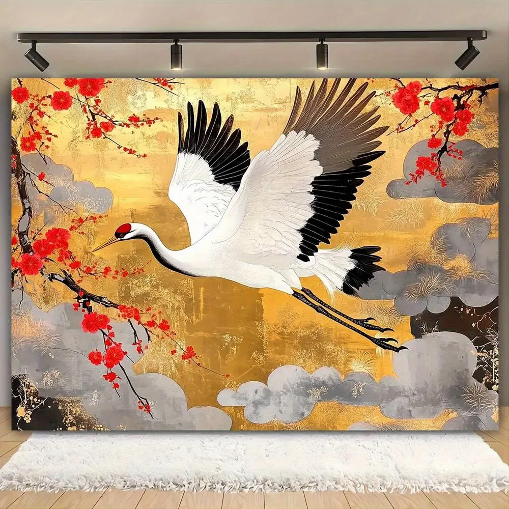 Printed Chinese Art Photography Backdrop Banner, Summer Vibes Elegant White Crane & Plum Blossom Design, High-Quality Reusable Polyester, Golden Florals & Clouds, No Power Needed, Multi-Size for Weddings, Party Decor, Photo Booth