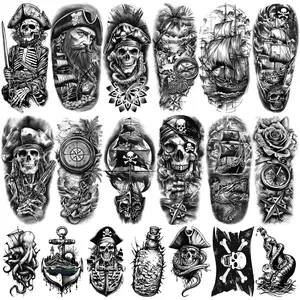 77 Sheets Pirate Temporary Tattoos Adult,Captain Anchor Compass Sailboat Tattoos, Pirate Ships Flag Skull Crossbones Sailor Fake Tattoo for Costume, Fake Arm Tattoos for Men Women Kids
