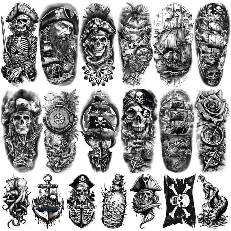 77 Sheets Pirate Temporary Tattoos Adult,Captain Anchor Compass Sailboat Tattoos, Pirate Ships Flag Skull Crossbones Sailor Fake Tattoo for Costume, Fake Arm Tattoos for Men Women Kids