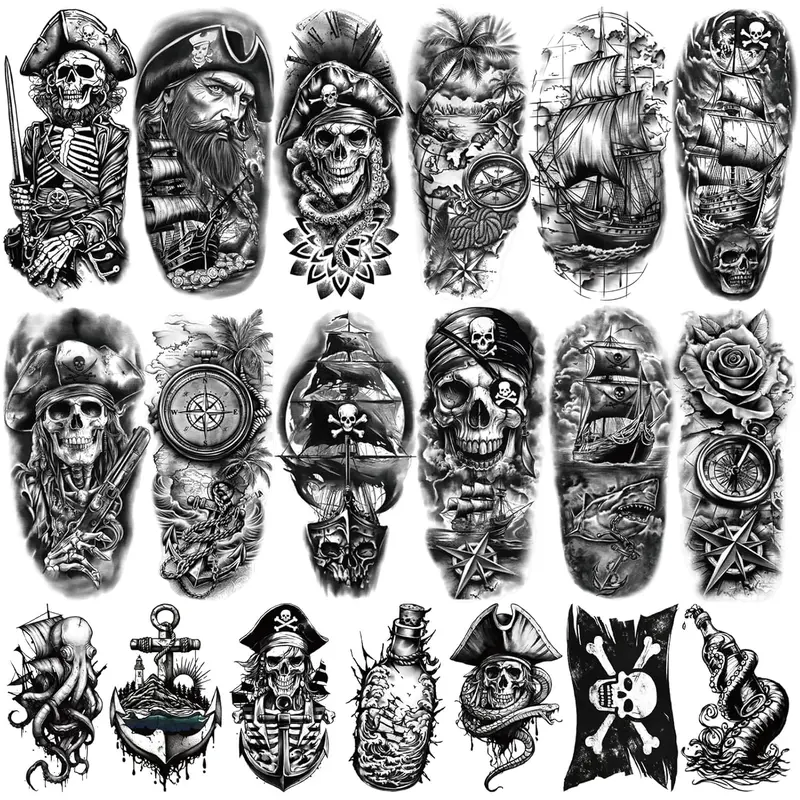 77 Sheets Pirate Temporary Tattoos Adult,Captain Anchor Compass Sailboat Tattoos, Pirate Ships Flag Skull Crossbones Sailor Fake Tattoo for Costume, Fake Arm Tattoos for Men Women Kids