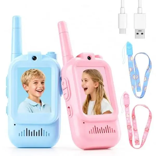 Kids 2-Pack Sturdy Video Walkie Talkies with Voice Changer, Push-to-Talk, Video Chat, 1000Ft Range, Built-in Li-Ion Rechargeable Battery, Charging Cords, Outdoor Fun Electronics Toys for Camping, 3-10 Years Boys & Girls Birthday Gift, No, Batteries