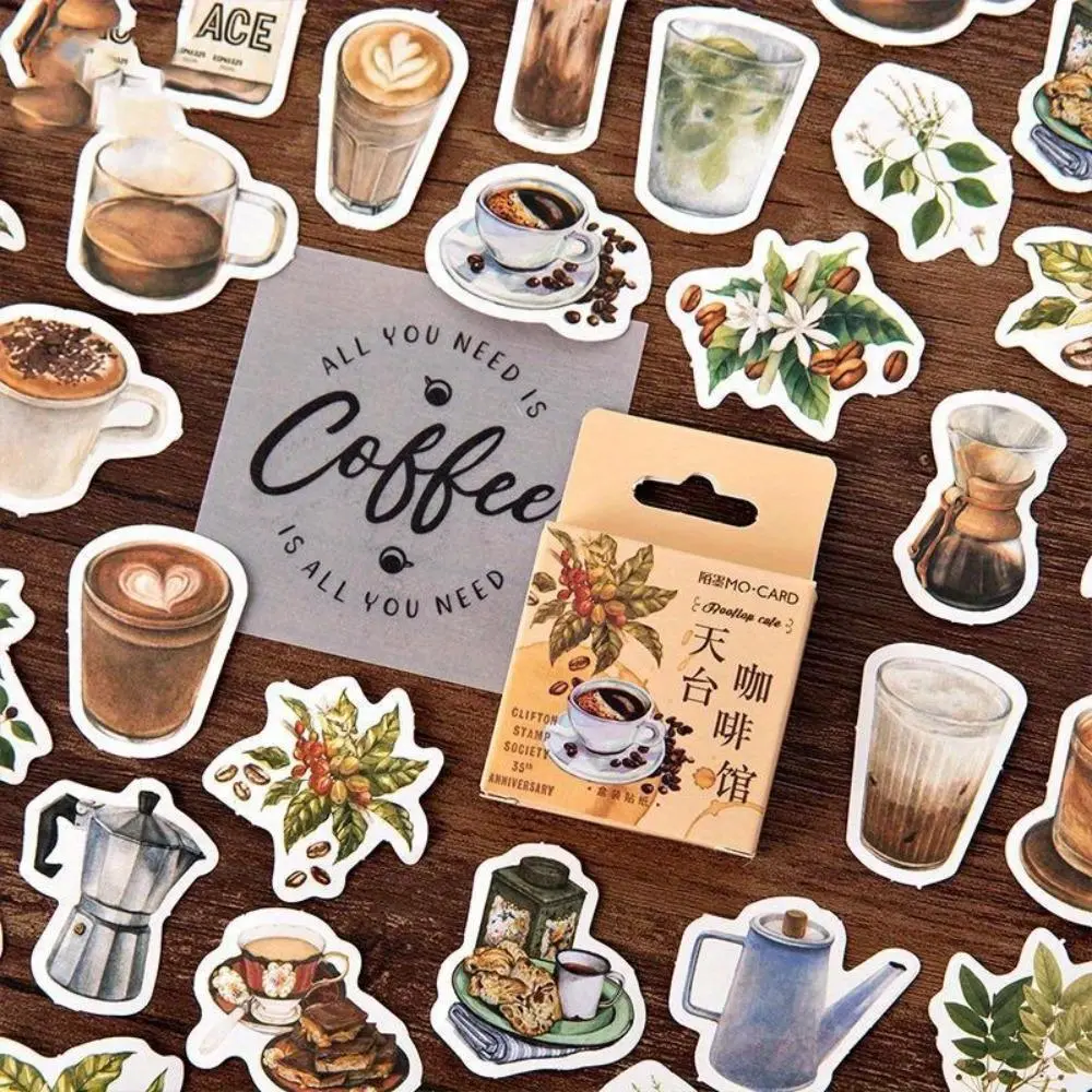 Vintage Coffee Themed Sticker, 46pcs/set Coffee Time Sticker, Diy Decorative Stickers for Scrapbook & Journal & Album Sticker Packs, Sticker Collage Pack, Crafts Cup Stickers, Sticker Sheets