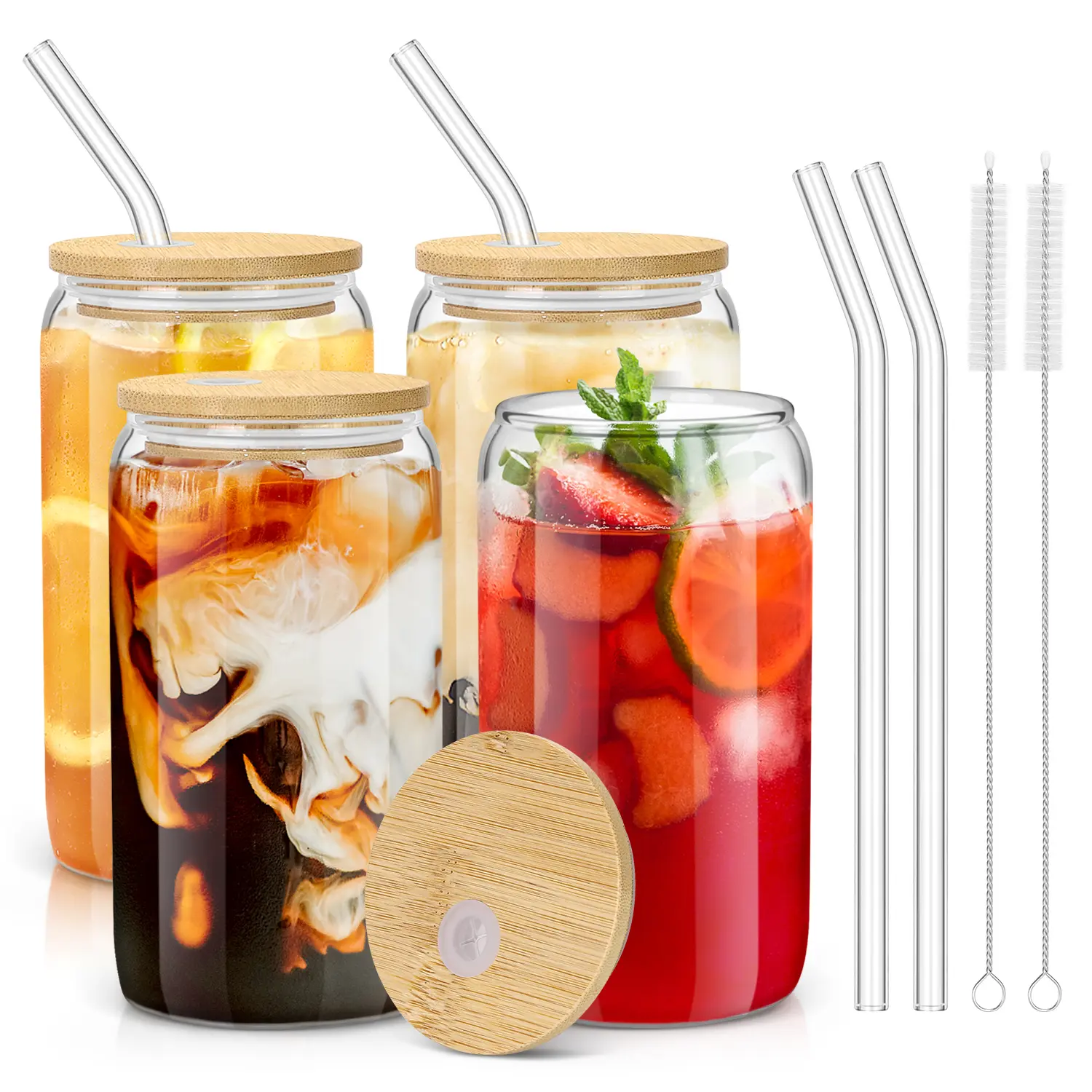 4/6/8 Pack BPA-Free Reusable 16oz Glass Tumbler Cup Set - Bamboo Lids, Straws, Graphic Stylish Sustainable Mason Jar Drinkware for Indoor Coffee, Cold Brew, Mother's Day Gift (0-500 ml)