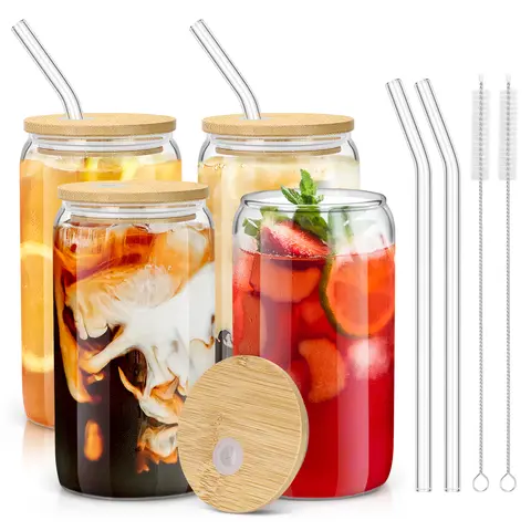 4-Pack Sustainable BPA-Free Glass Cup Set - 16oz Round Reusable Drinkware, Bamboo Lids, Straws, Modern Graphics, Straw-Sip Design, Iced/Hot Temp Ready, 0-500ml, Home Bar Use, Mother's Day Gift