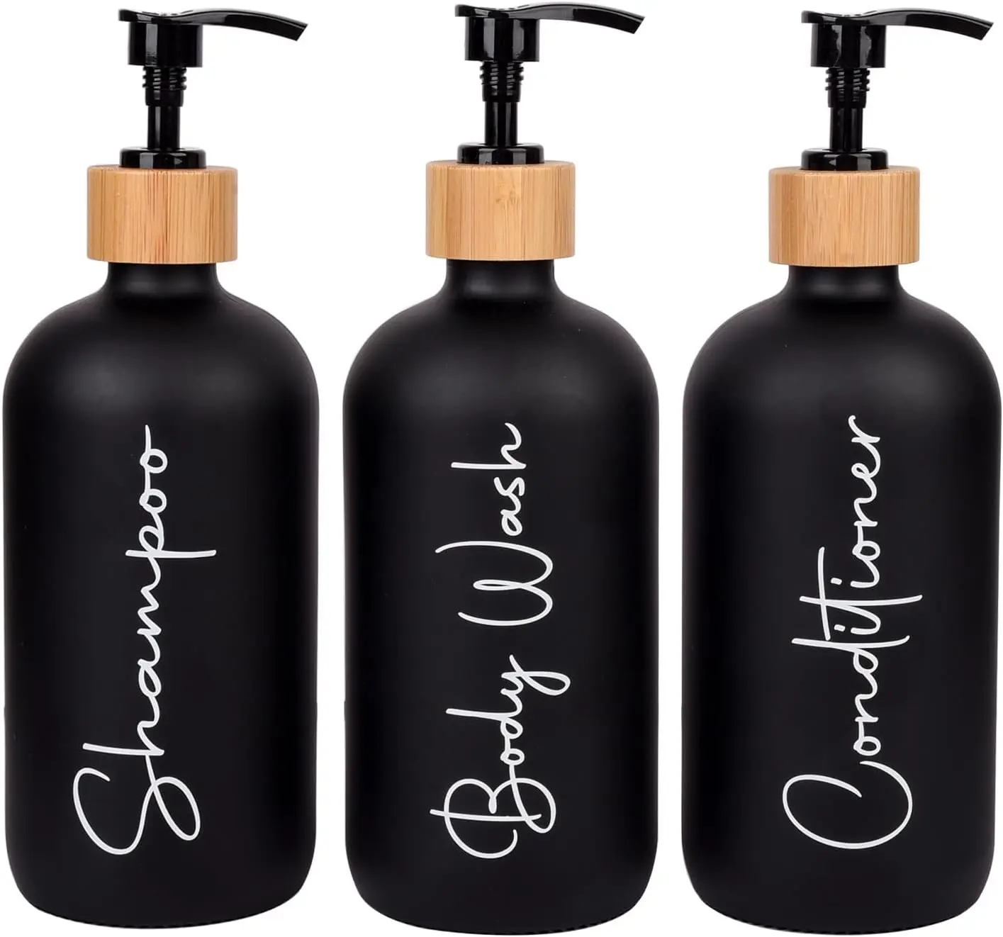 Empty Refillable Glass Shampoo Conditioner Pump Bottles Soap Dispenser with Bamboo Pump Head 17 oz 3 Pack Black for Bathroom