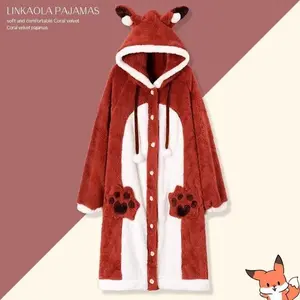 Cute Fox Ears Hooded Robe Blanket, Plush Coral Fleece Long Sleepwear, Claw Pocket Wearable Blanket, Comfortable Animal Casual Home Clothes for Women, Cozy Blanket