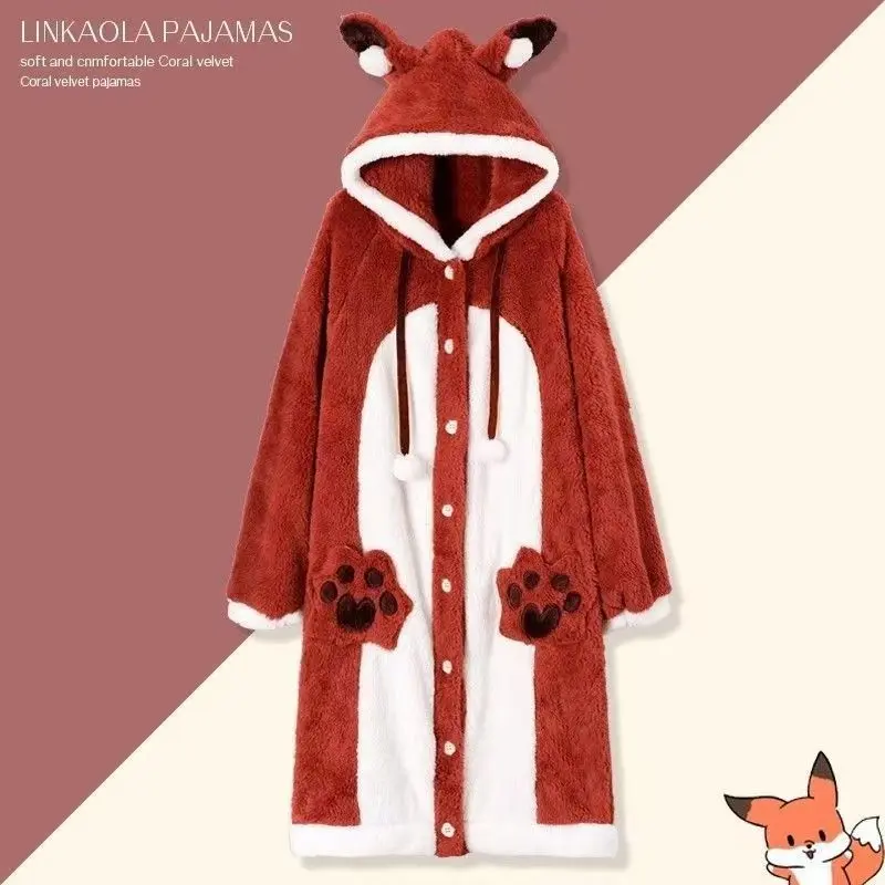 Cute Fox Ears Hooded Robe Blanket, Plush Coral Fleece Long Sleepwear, Claw Pocket Wearable Blanket, Comfortable Animal Casual Home Clothes for Women, Cozy Blanket