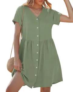 GRAPENT Greenish Linen Dresses for Women Casual Summer Babydoll Button Down Short Sleeve V Neck Above Knee Dress with Pockets Basic Womenswear solid color woman outdoorfun
