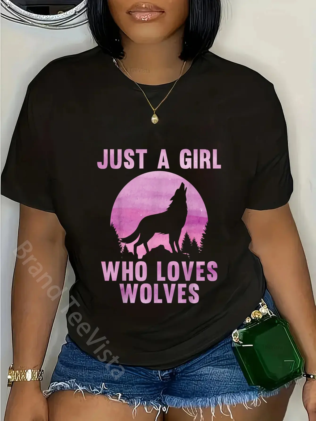 100% Cotton Cute Wolf Art for Women Girls Howling Wolves Wolf Lover T-Shirt