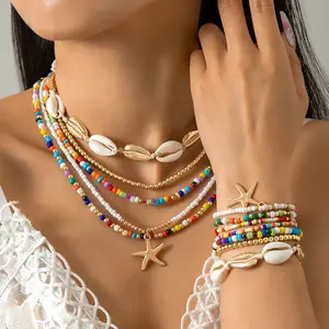 【12 pcs of Seashell Jewelry Set】5 pcs of Seashell Necklace + 7 pcs of Seashell Bracelet,Handmade Turtle Starfish Bracelets and Necklace Bohemian Beaded Seashell Set Adjustable Waterproof Beach Surfer Jewelry Set Summer Vacation Jewelry Bahamas Souvenirs
