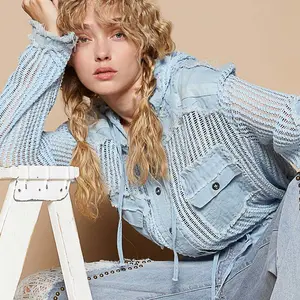 POL See-Through Button-Down Hoodie  Spring/Summer Shacket S-L Womenswear Top Comfortable Style Cotton Fabric