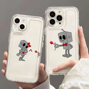Classic Robot Couple Pattern Phone Case for iPhone 11-16 Pro Max, Shockproof Anti-Drop Protective Cover, Lightweight Accessory with Precise Cutouts, Phone Screen Protectors & Funny Stickers Smartphone Cellphone