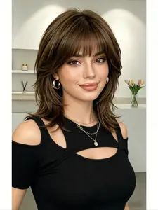 MIXPOP Brown Layered Short Wigs with Bangs, Short Shoulder Length Synthetic Wigs for Women, Natural Textured Straight Hair Wig, Heat Resistant Daily Party Cosplay Wig, Synthetic Material Wigs