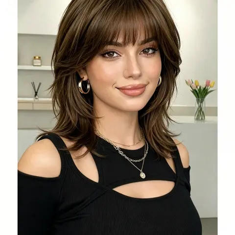 Short Brown Shaggy Wig with Bangs for Women, 12 Inch Layered Wolf Cut Bob Synthetic Wig with Honey Highlights, Natural Looking Heat Resistant Glueless Feathered Hair Wig for Daily Wear Party Cosplay Fiber Synthetic Wig