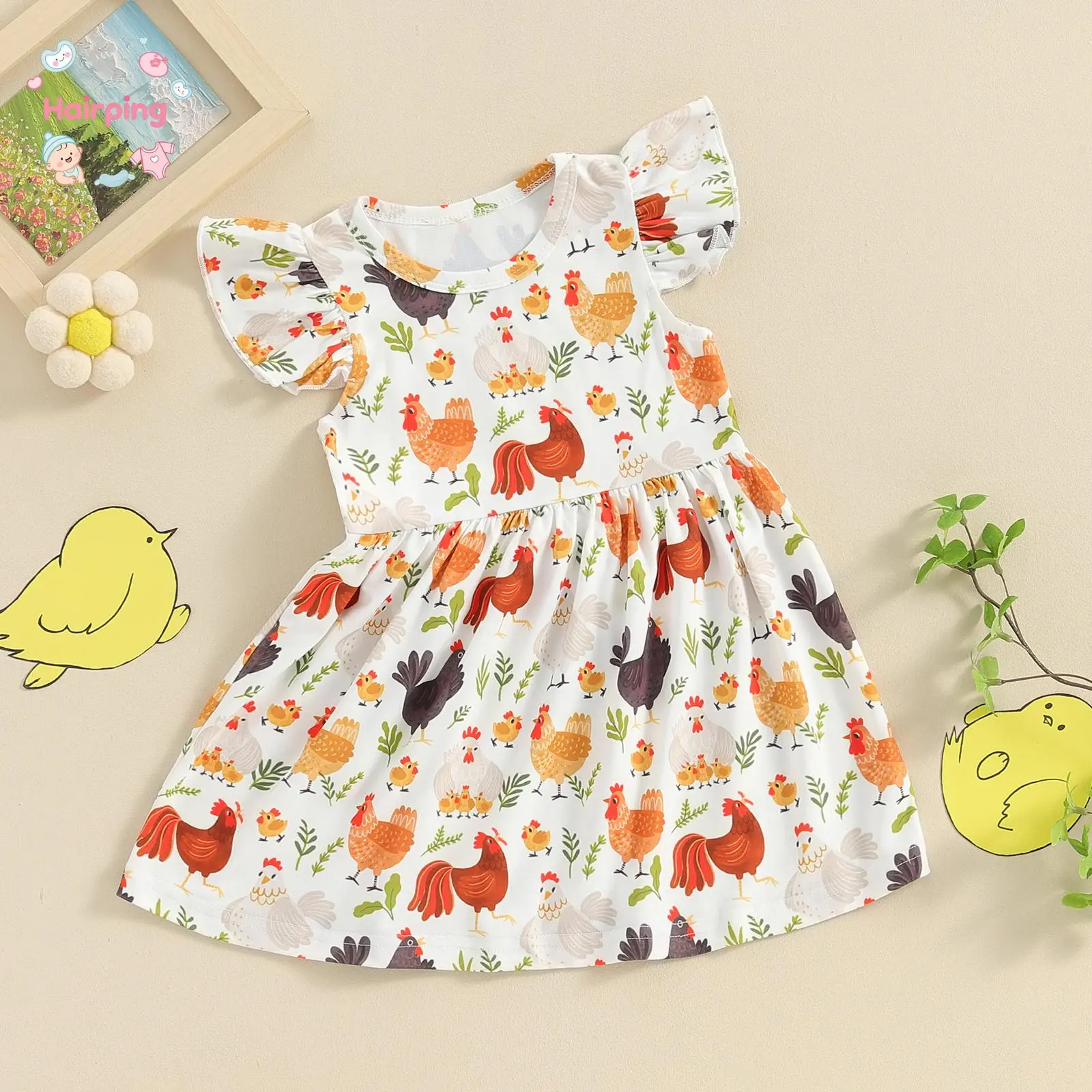 Toddler Girls' Polyester Casual Dress - Farm Rooster Hen Animal Print, Fly Sleeve Crew Neck, Summer Baby Clothing Princess Dress, Animals