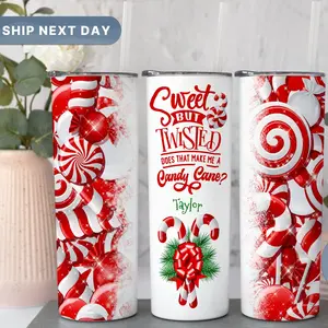 Personalized Winter Tumbler for Her, Sweet But Twisted Tumbler, Candy Cane Tumbler, Christmas Holiday Tumbler Cup,