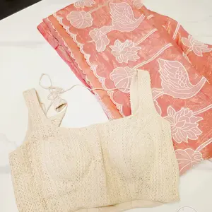 Peach Pink Crush Applique Work Saree