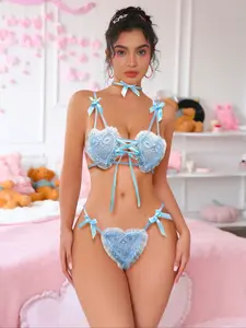 Women's Two-Piece Fitted Embroidered Patchwork Super Sexy Lingerie Set, Top, Comfortable and Cute, Suitable for All Ages, Sporty Style