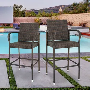 SuperDeal 2 Pack Rattan Wicker Bar Stool Outdoor Backyard Chair Patio Furniture W/ Armrest Brown