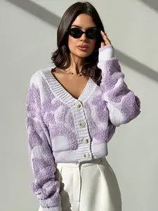 Color Block V-neck Button Up Sweater Knitwear Cardigan Womenswear Top