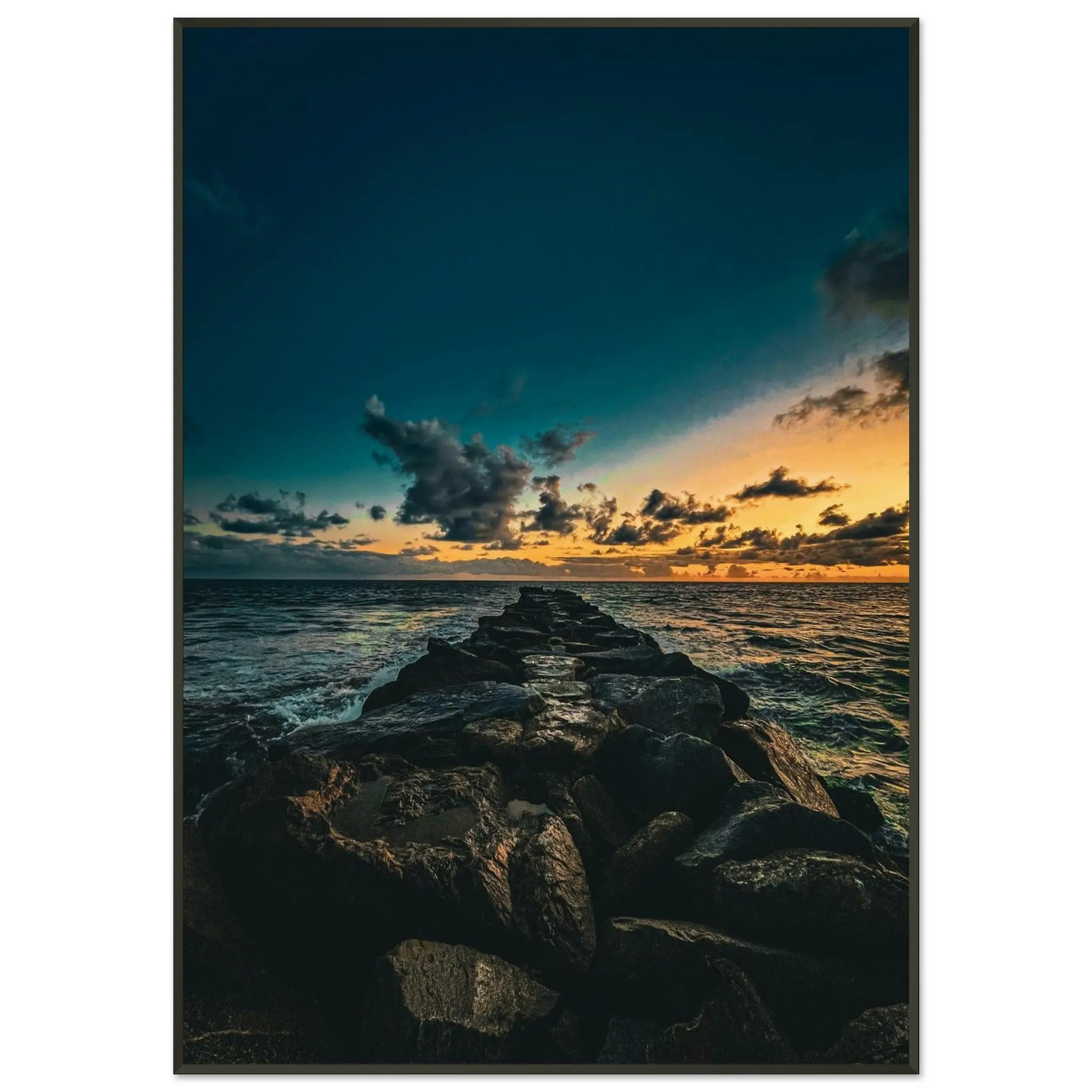 Ocean Sunset Wall Art – Dramatic Seascape Photography, Rocky Pier Fine Art Print, Coastal Landscape. Museum-Quality Matte Paper Metal Framed