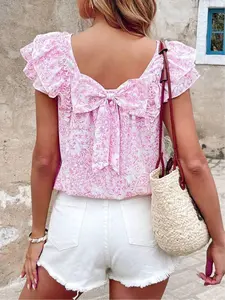 Plus Size Women's Floral Ruffle Woven Blouse, Loose Fit Back Bow Shirt, Casual Summer, Fashion, Beach Vacation, Date Night, Daily Wear, Top