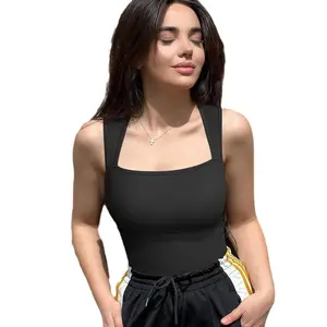 3pc Womenswear Underwear Sexy Ribbed Strappy Square Neck Sleeveless Tummy Control Tank Tops Bodysuits