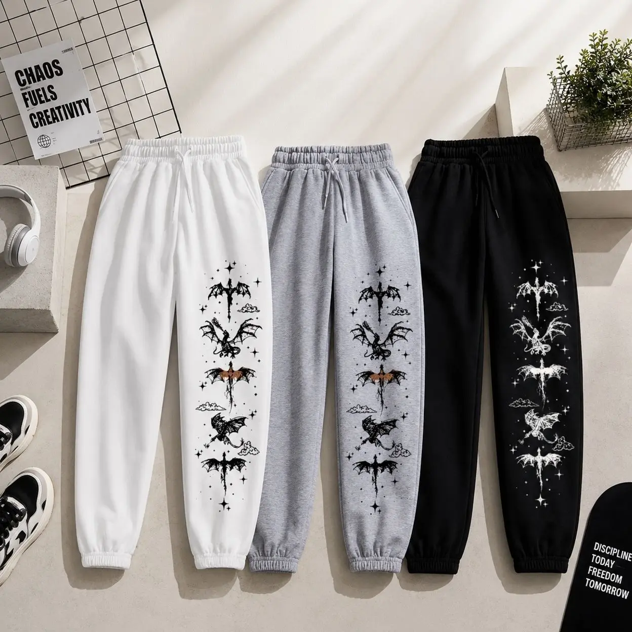 Oversized Men's Streetwear Jogger Pants Dragon Graphic Print Casual Fleece Sweatpants Elastic Waist Loose Fit Athletic Trousers for Running Travel Home and Daily Outfit 6