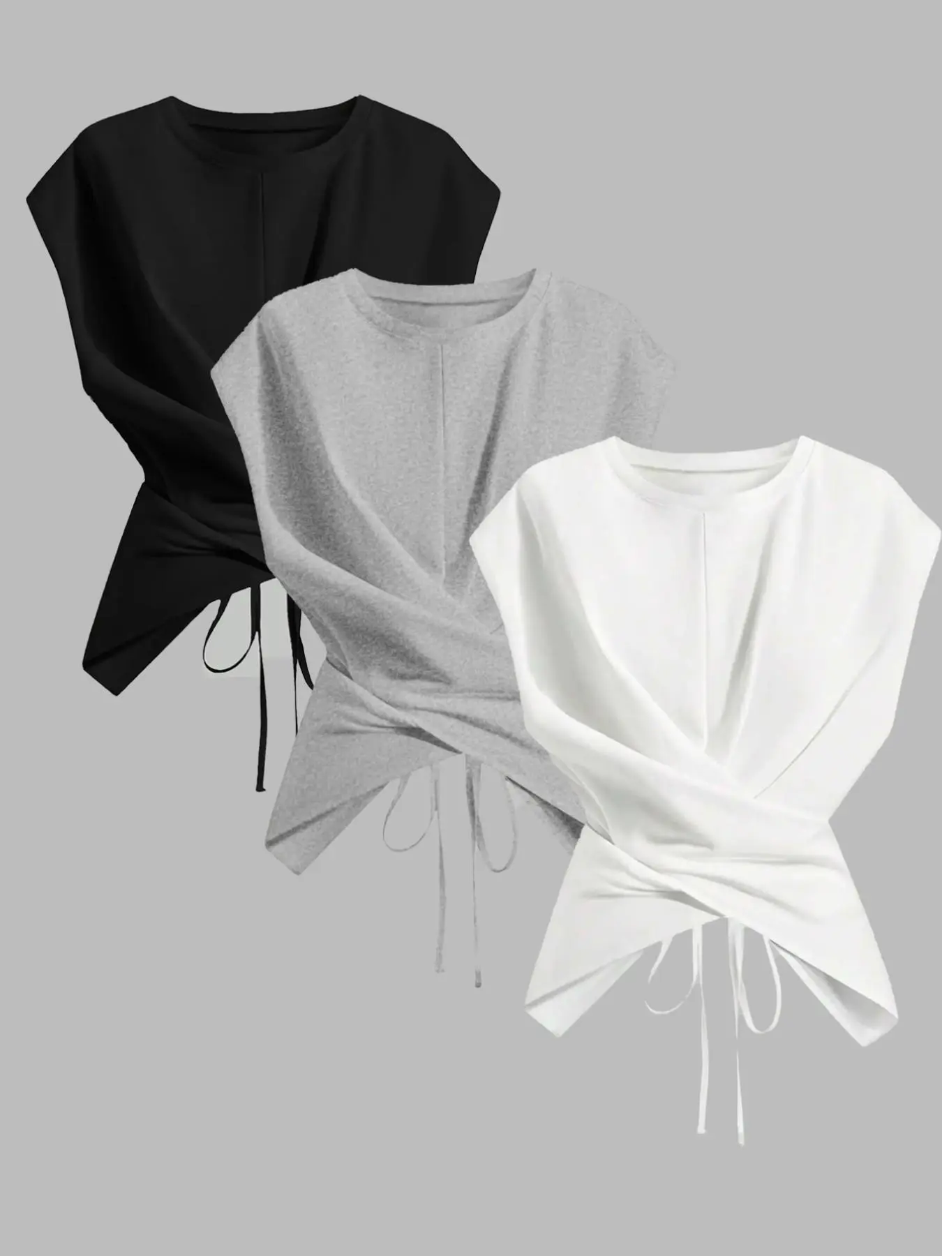 Summer New Round Neck Sleeveless Basic T-Shirt Set for Women, Slimming Cross Tie Drawstring Waist Top, Breathable Knit Fabric, Casual Wear