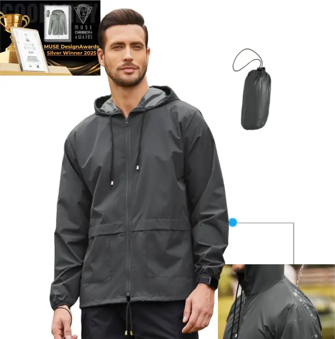 COOFANDY Men's Packable Jacket Outdoor Waterproof Hooded Lightweight Classic Cycling Raincoat for Hiking/Outdoor/Camping Fabric Menswear Zipper Breath
