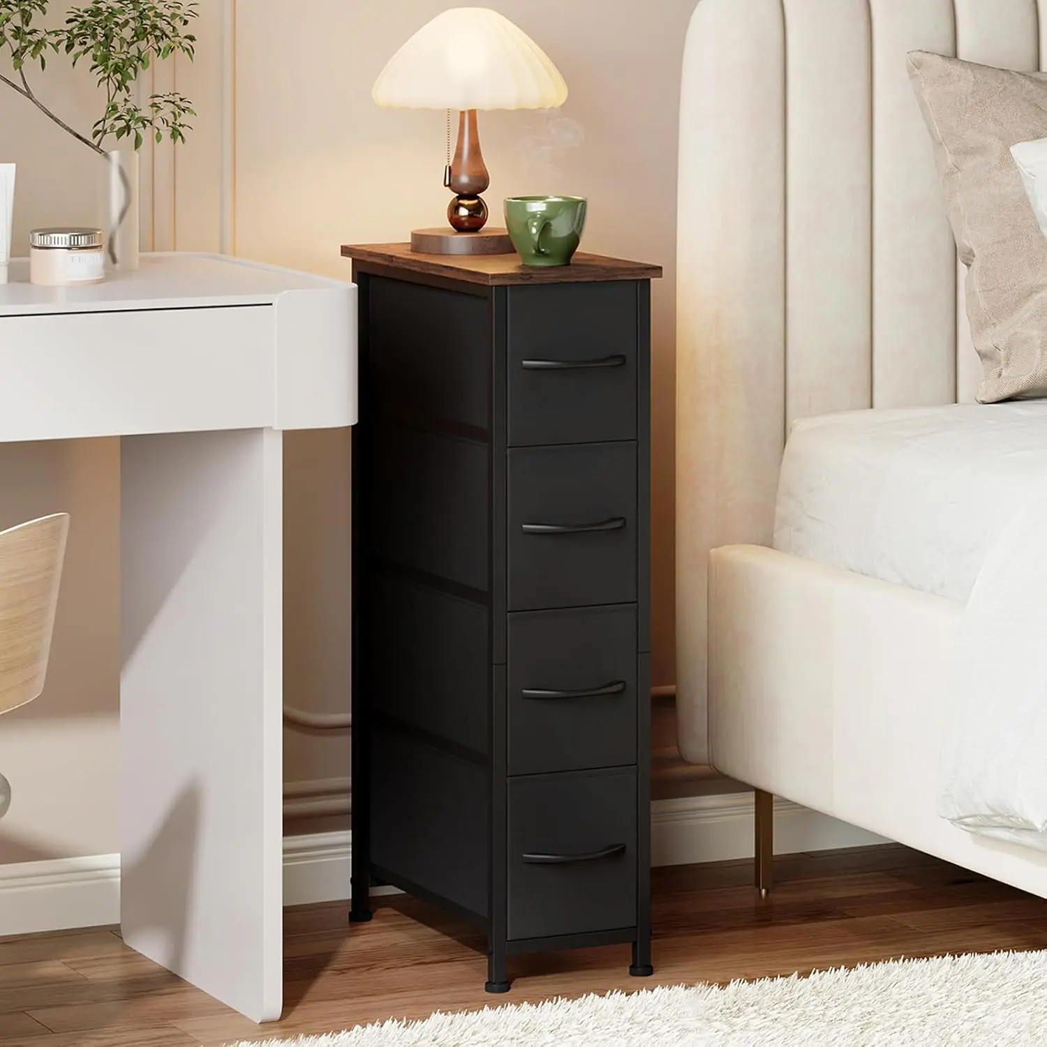 Somdot Tall Black Narrow Nightstand - Bedroom Storage Cabinet, 4 Fabric Drawers, Slim Metal Frame, Removable ft, Top Shelf, Closet Storage, Space-Saving for Small Spaces Organization Ideas