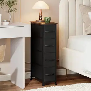 Somdot Tall Black Nightstand with Built-in Charging Station,4 Fabric Drawers,Slim Metal Frame Storage Tower with Removable Feets and Top Shelf for Bedroom Small Spaces