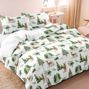 3pcs Christmas Elk Tree Digital Print Decorative Duvet Cover Bedding Set, Included 1 Duvet Cover & 2 Pillowcases, Machine Washable, All-Season Christmas Home Bedroom Dormitory Bedding Decoration