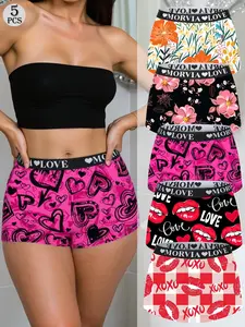 Morvia 5pcs Women's Sexy Lip Print & Kiss Pattern Boxers, Fashion Breathable Underwear, High Stretch, Breathable, Quick-Dry Fabric, Perfect for Gym, Dating & Travel