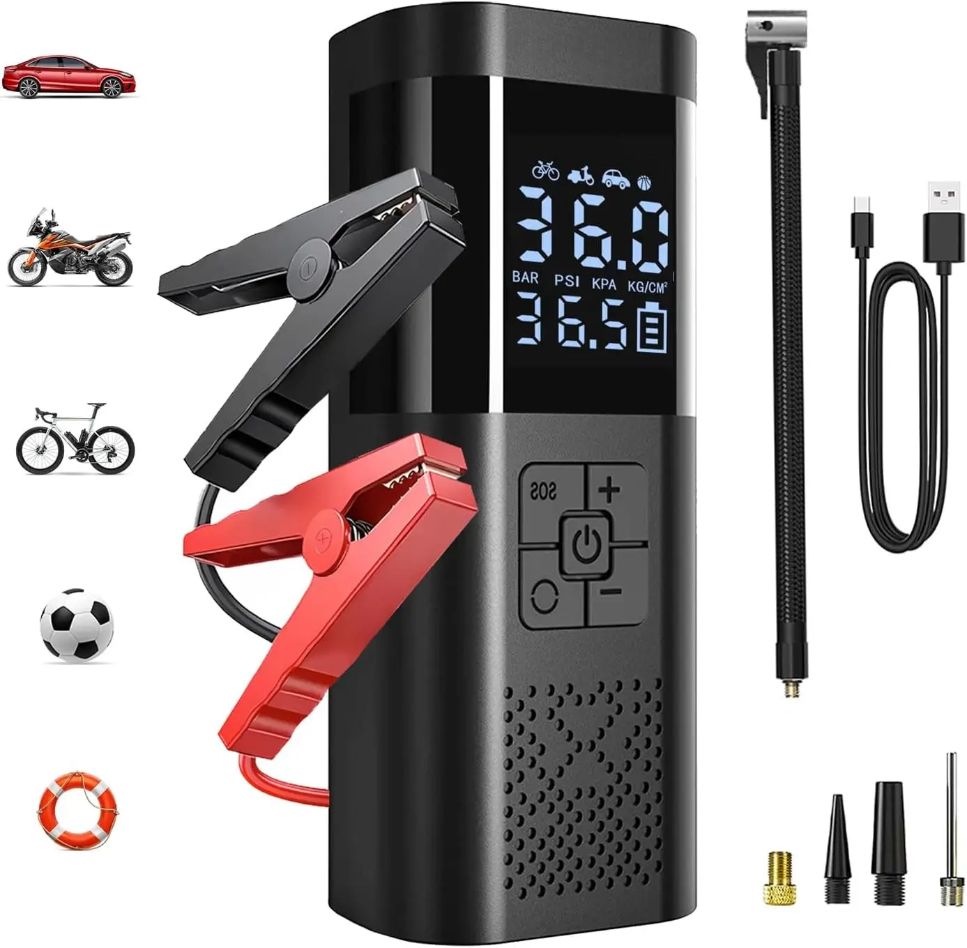 DIBMS Portable Car Jump Starter with Air Compressor, Car Battery Jump Starter, 12V Portable Jump Box, 150PSI Tire Inflator with LCD Display & LED Light for Gas and Diesel Vehicles