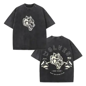 Darc Sport Wolves Bodybuilding Club Vintage Washed Oversized Tee Heavyweight Cotton California Gym Apparel Loose Breathable Street Style Top for Weightlifting Workout Fitness Daily Casual Wear