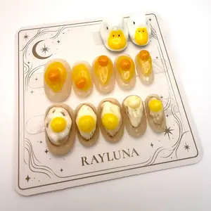 Rayluna #J028  12pcs- 3D Duck & Egg Yolk Press-On Nails | Handmade Funny Cartoon Nail Tips | 12pcs Reusable Nail Set