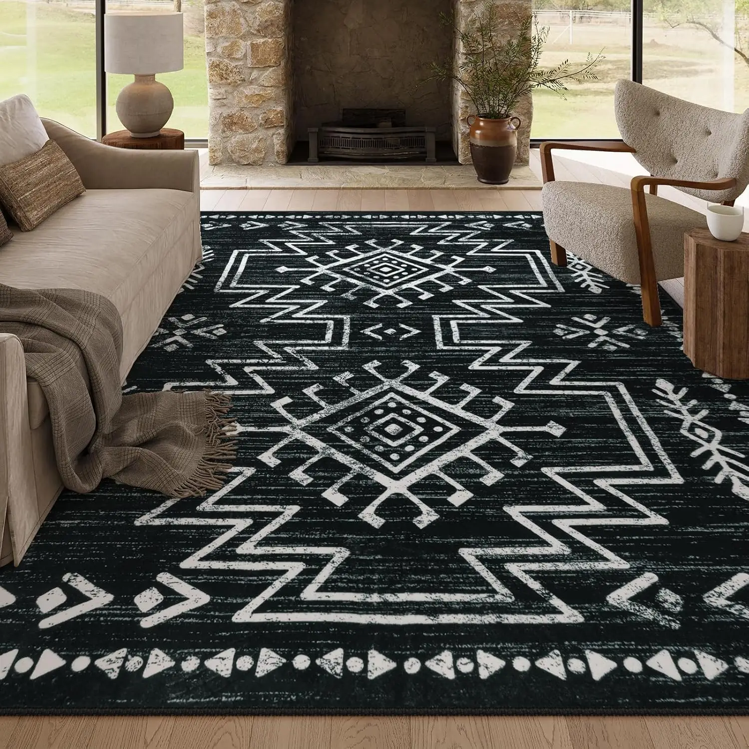 【FallFreshness】Lahome Boho Washable Soft Rug for Living Room, Bedroom,Moroccan Western Dining Room Rug for Under Table, Low Pile Distressed Aztec Rug