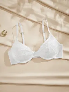 🔥 Women's White Lace Underwire Bra with Rose Embroidery, Sheer Mesh Cup, Adjustable Straps and Multi-Row Back Hooks, Sexy and Breathable Lingerie for Daily & Date