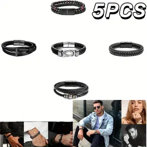 5pcs Multi-circle Faux Leather Braided Bracelet, Simple Fashion Men And Women Couple Bracelet, Street Punk Retro Bracelet Jewelry