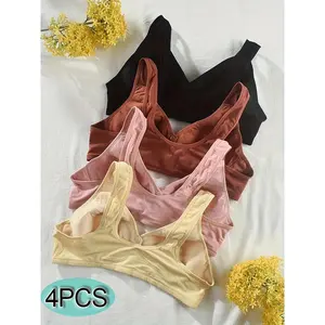 4-Pack Front Closure Simple Elastic Strap Bra Women's Light Beige Comfortable New Seamless Technology Wireless Bra, Detachable Strap Bra, Underwire Bra, Women's Push-Up Thick Padded Front Closure Bra, Suitable for Small Bust XXS, No Underwear Br