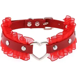 Women Gothic Goth Adjustable Choker, Lace Heart Punk Leather Collar Necklaces