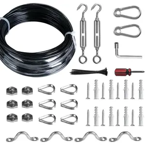 Outdoor String Lights Hanging Kit, Heavy Duty Easy to Install, Includes 100Ft 304 Stainless Steel Vinyl-Coated Suspension Rope Cable, Turnbuckle, Thimble, Hooks
