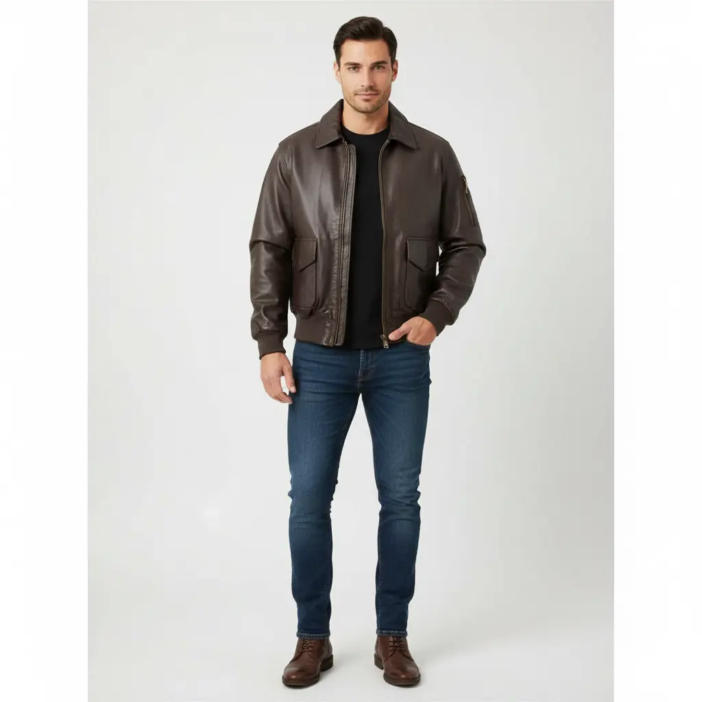 A2 Aviator USA Pilot Flying Bomber Air Force Leather Jacket Men Casual Plain