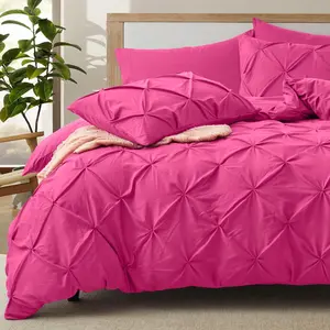 5 count Pinch Pleated Duvet Cover Full/ Size Set, Hot Pink Pintuck Duvet Cover with Zipper & 8 Ties, Shabby Chic Microfiber Duvet Cover + 2 Pillow Shams + 2 Pillowcases, No Comforter
