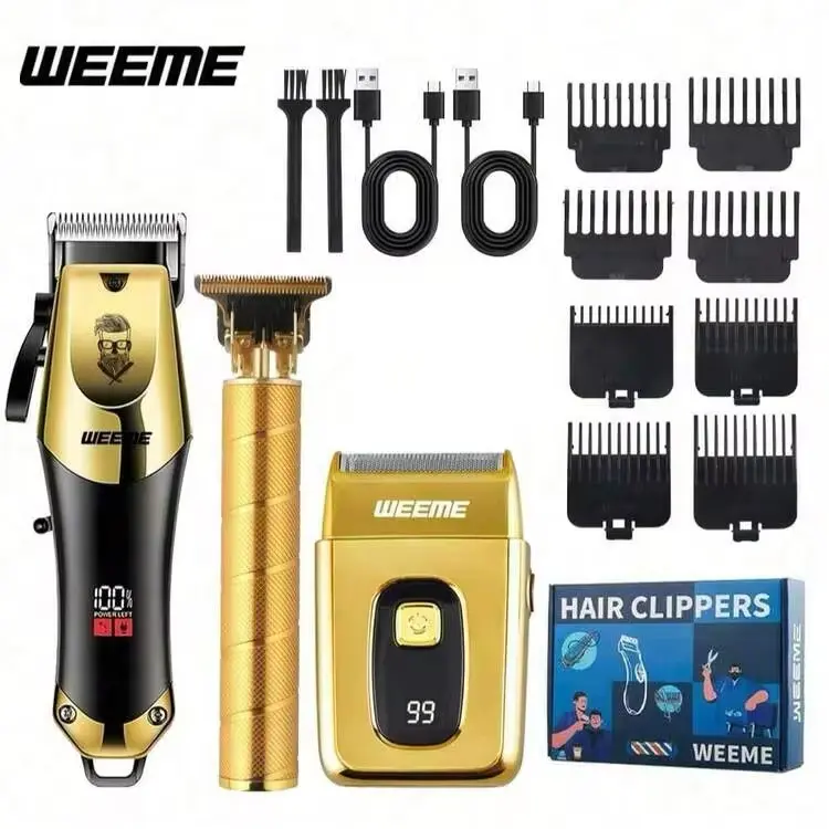 WEEME 3 Piece Hair Clipper Set with Gold and Black Design, Includes Multiple Combs and USB Chargers for Easy Maintenance